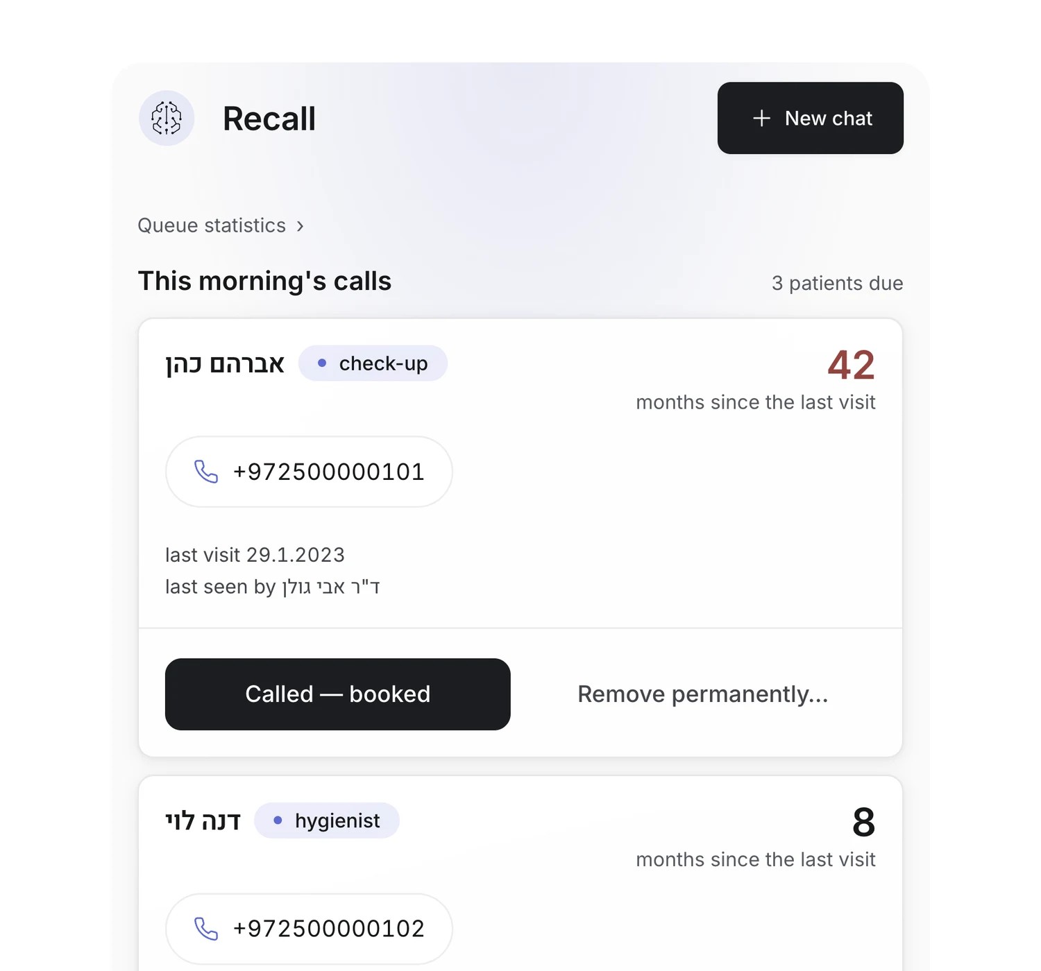 SoliumOS on the phone: the morning's recall list, each row closed in one tap — “Called — booked”, or removed.